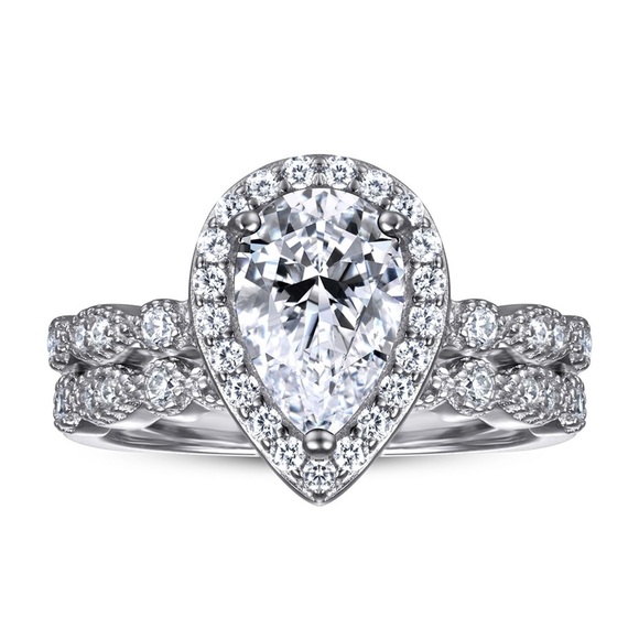 Halo Pear diamond Ring Set in pure 925 Sterling Silver size 10 - Picture 1 of 3